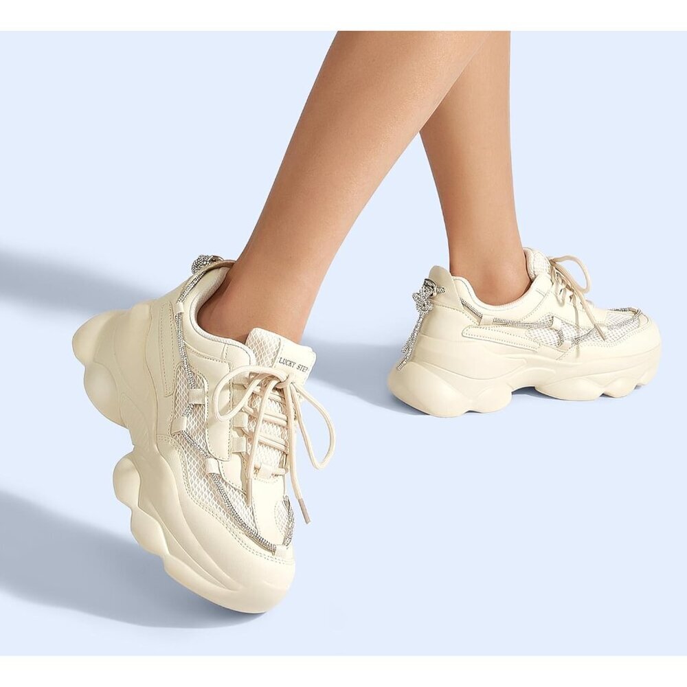 Women's 90s Chunky Sneakers Rope Platform Casual Thick Rave Walking Shoes Beige - Picture 8 of 9